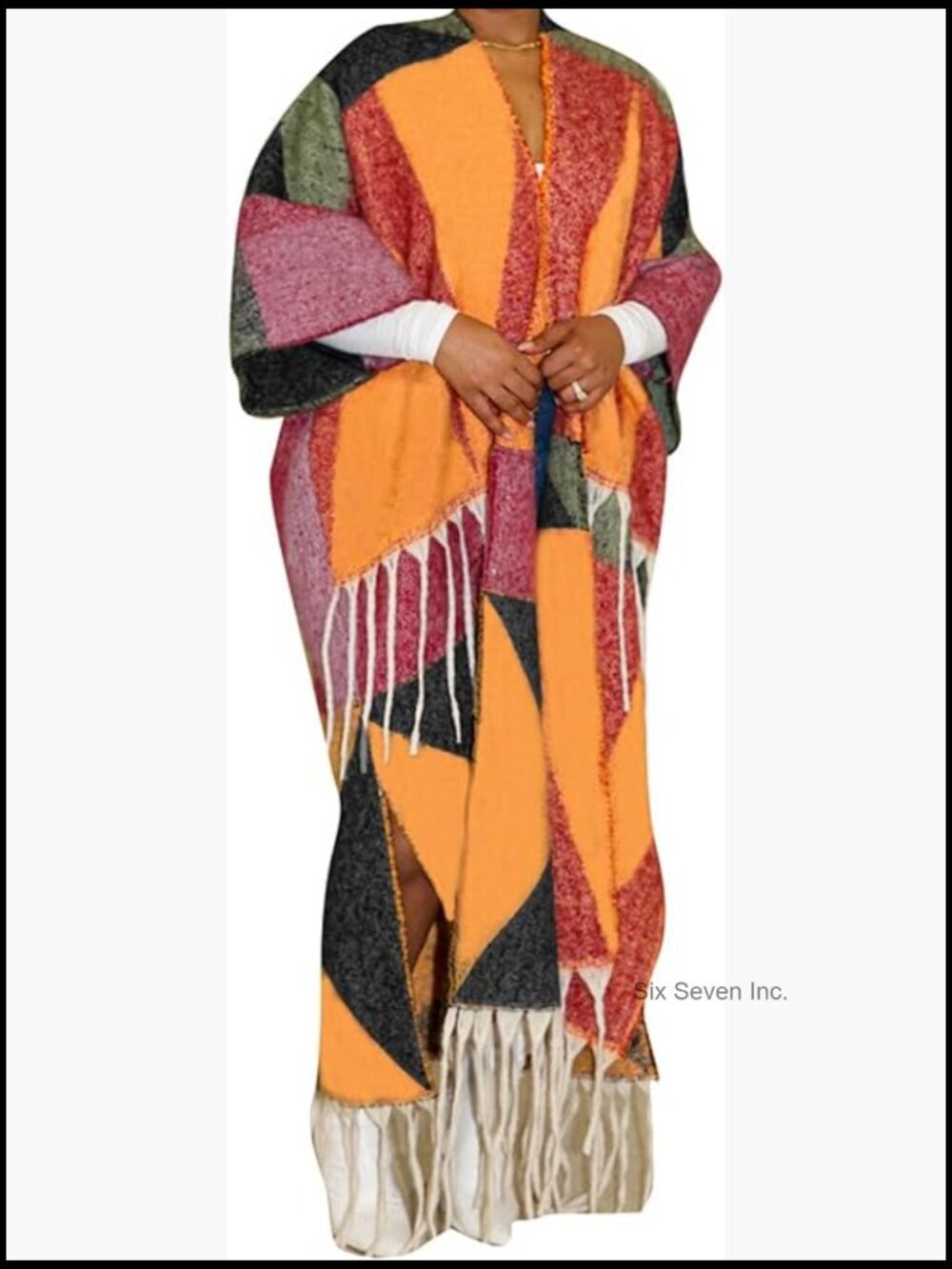 Open Front Fringe Color Block Maxi Cardigan Poncho Wrap